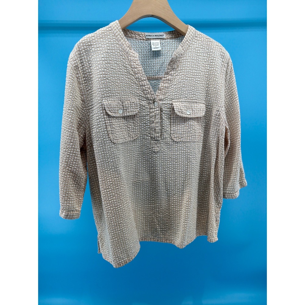 Rebecca Malone Tan Gingham Seersucker Tunic Top 3/4 Sleeve Cotton Blouse Large